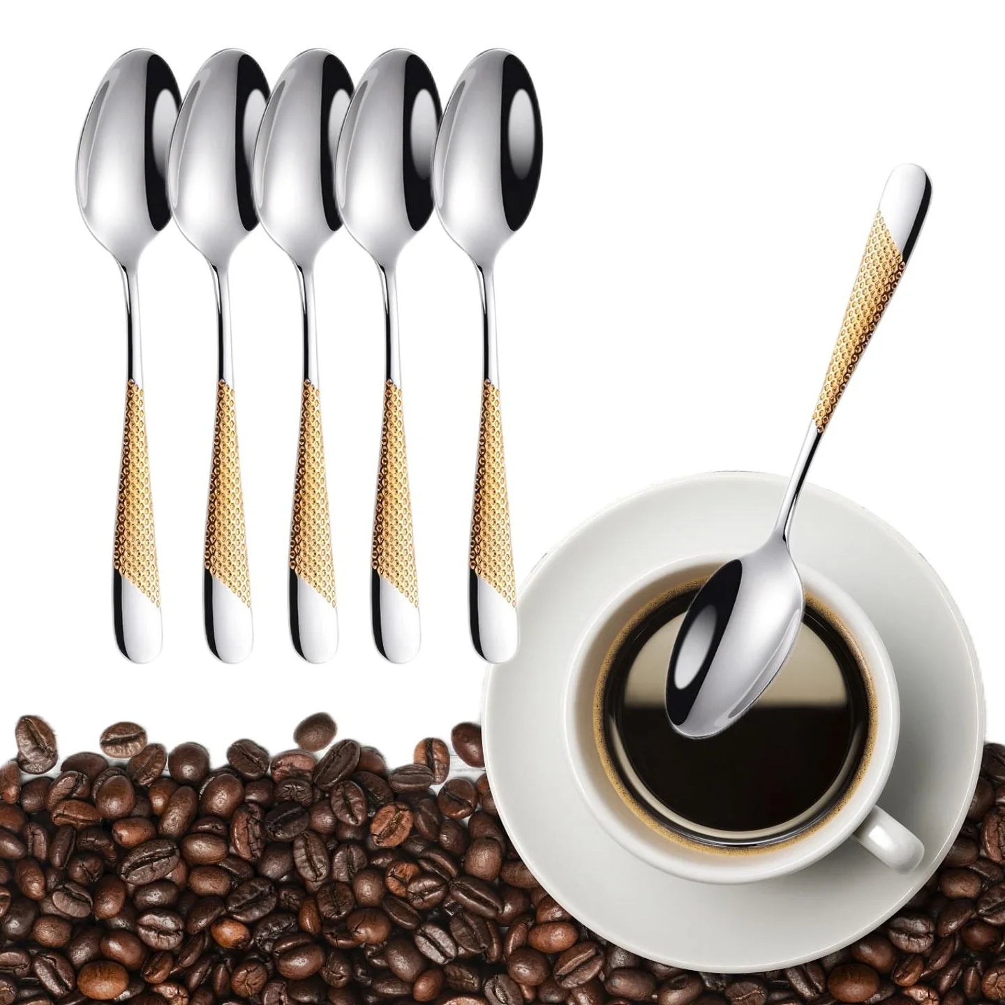 5.70" Gold Plated Coffee Spoon Set 18-10 Steel Dishwasher Safe Coffee Tea Stir Spoon Small Spoon for Jam Spices Condiments Sugar