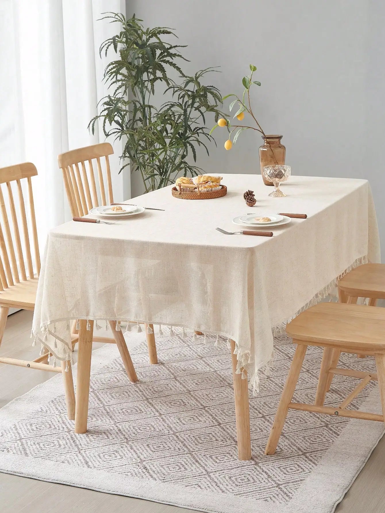 Beige linen square tablecloth, retro countryside style, kitchen living room coffee table decoration tablecloth