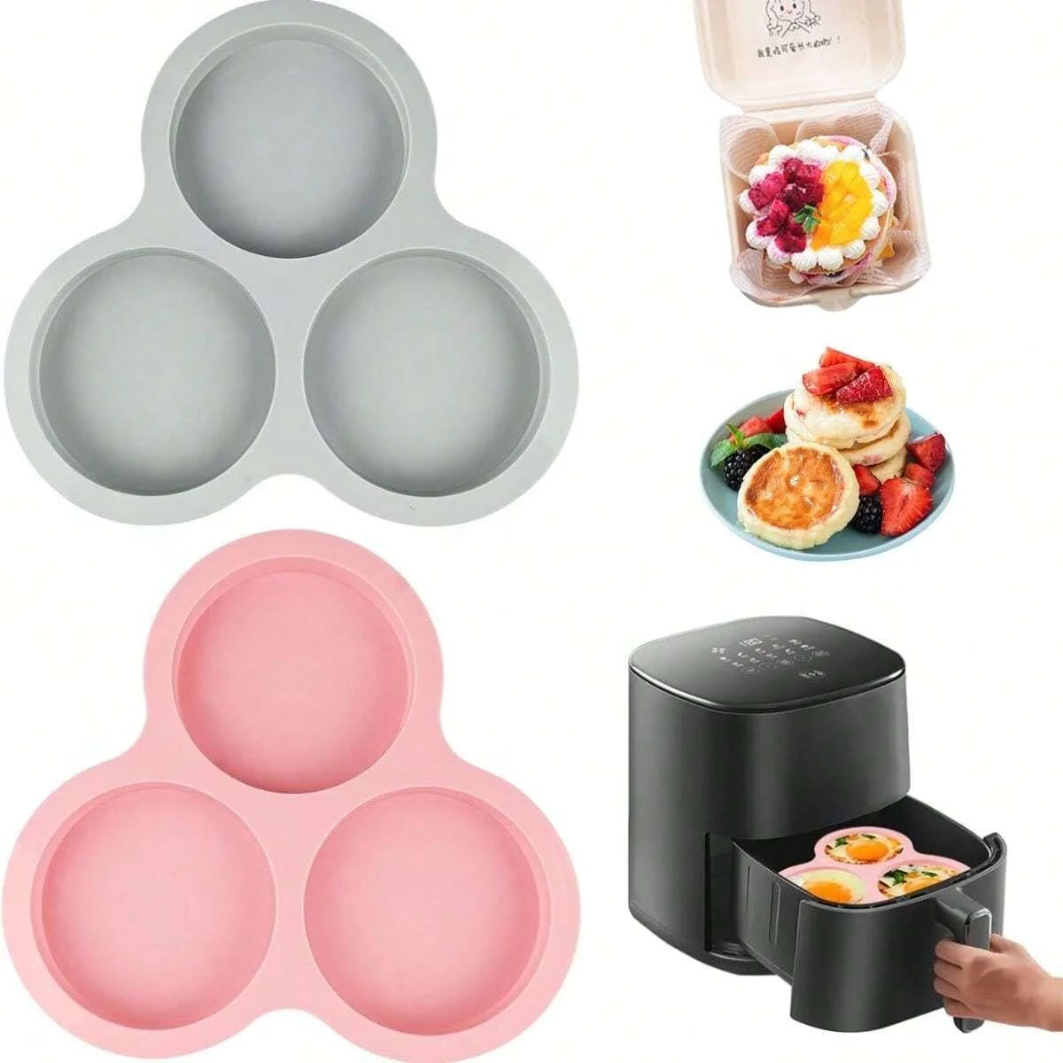 3Cavity Air Fryer Egg Mold Silicone Mold for Air Fryer Round Shape Cupcake Nonstick Silicone Muffin Hamburger Pan DIY Cooking Ba