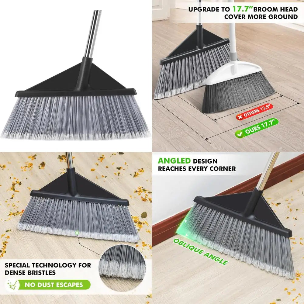 17.7" extra wide head outdoor broom, brooms for sweeping indoor with enhanced bristle density, 55" durable stainless steel broom
