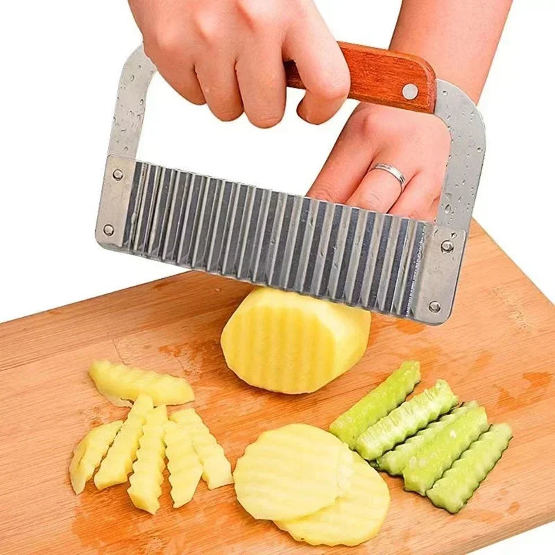 Stainless Steel Wooden Handle Wave Knife Wolf Tooth Potato Knife Potato Chip Cutting Wave Knife Potato Chopper Kitchen Tool